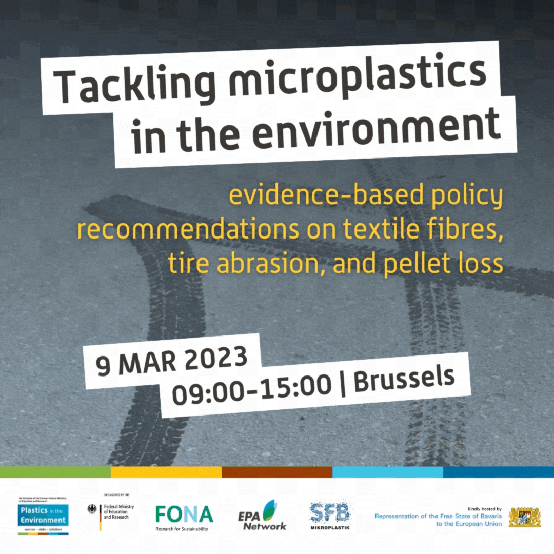 4 social media cards for the conference "Tackling Microplastics in the Environment Evidence-based policy recommendations on textile fibres, tire abrasion, and pellet loss"