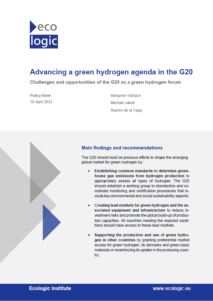 Cover page of the policy brief "Advancing a Green Hydrogen Agenda in the G20" with the main finding and recommendations
