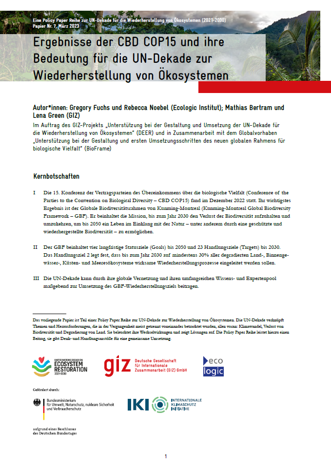 1st page of the policy paper "Ergebnisse der CBD COP15 und ihre Bedeutung für die UN-Dekade zur Wiederherstellung von Ökosystemen"