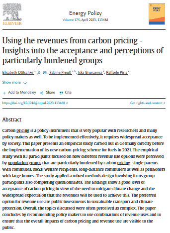 screenshot first page of the article "Using the revenues from carbon pricing - Insights into the acceptance and perceptions of particularly burden groups"
