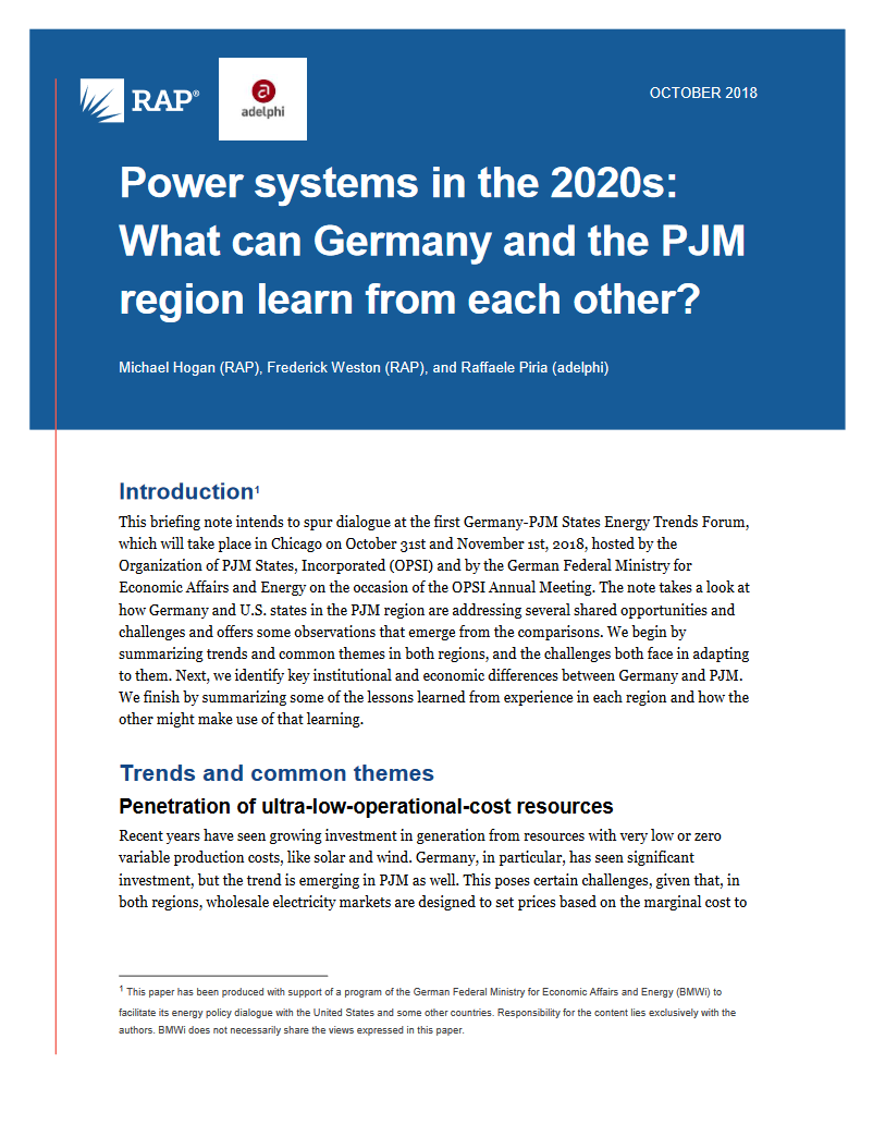 1st page of the briefing note "Power systems in the 2020s: What can Germany and the PJM region learn from each other?"