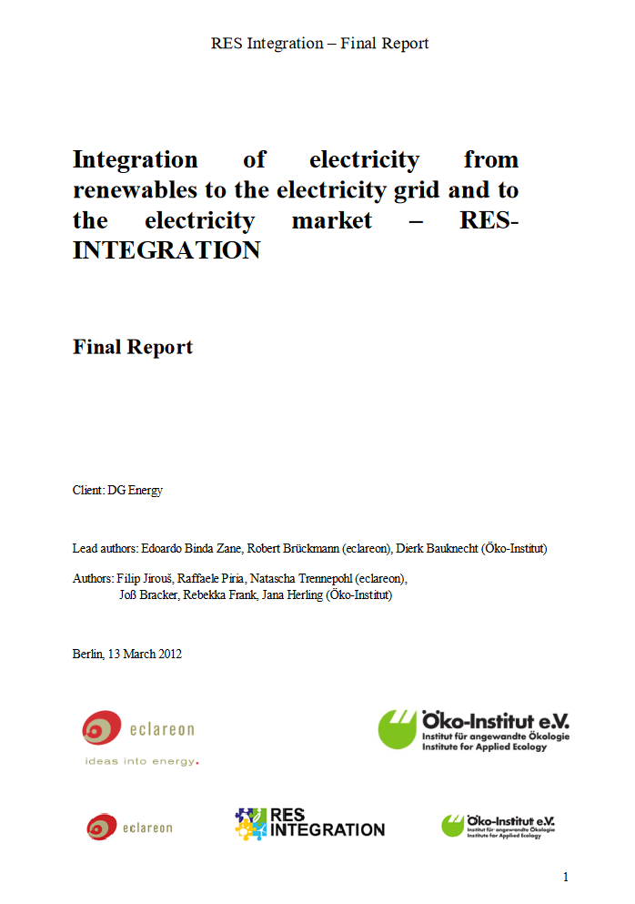 Cover of the report "Integration of electricity from renewables to the electricity grid and to the electricity market"