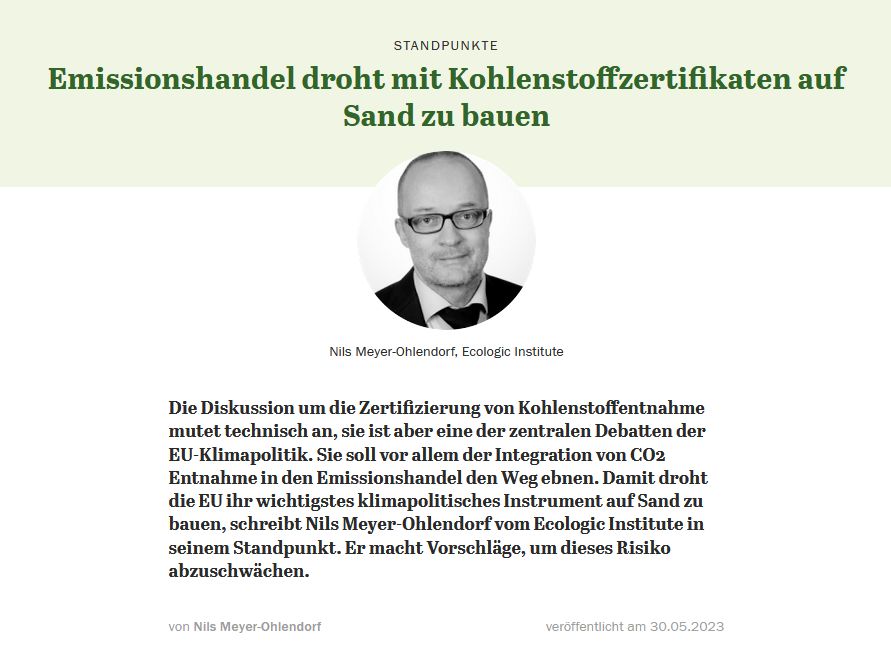 Teaser of the online article "Emissionshandel droht mit Kohlenstoffzertifikaten auf Sand zu bauen "