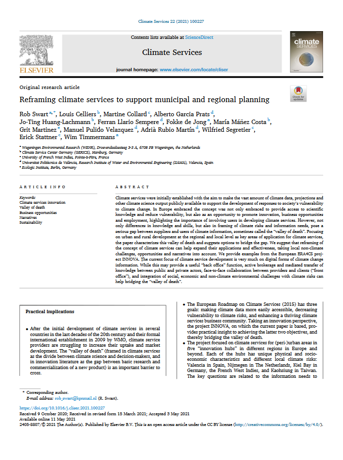 1st page of the article "Reframing climate services to support municipal and regional planning" co-authored by Dr. Grit Martinez