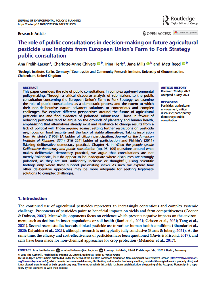 1st page of the research article "The role of public consultations in decision-making on future agriculturalpesticide use: insights from European Union’s Farm to Fork Strategy public consultation"