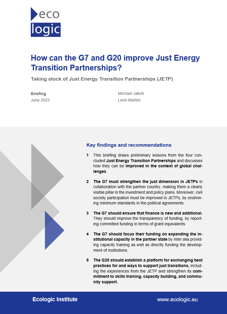 Cover of the briefing "How can the G7 and G20 improve Just Energy Transition Partnerships?"