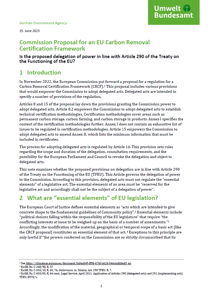 1st page of the fact sheet "Commission Proposal for an EU Carbon Removal Certification Framework - Is the proposed delegation of power in line with Article 290 of the Treaty on the Functioning of the EU?"