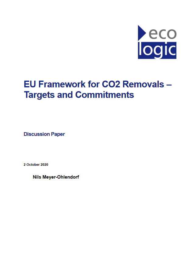 Cover of the discussion paper "EU Framework for CO2 Removals – Targets and Commitments"