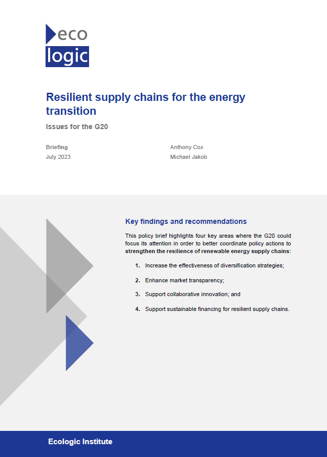 Cover of the Ecologic briefing "Resilient supply chains for the energy transition Issues for the G20"