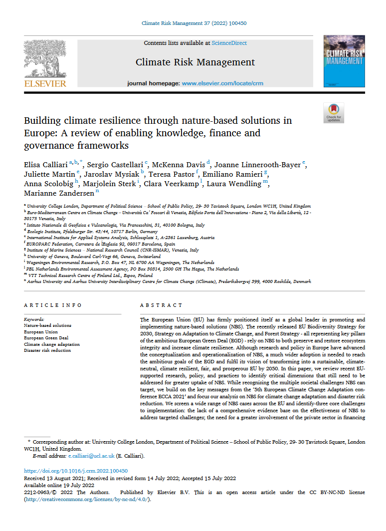 1st page of the online article's print version "Building climate resilience through nature-based solutions in Europe: A review of enabling knowledge, finance and governance frameworks"