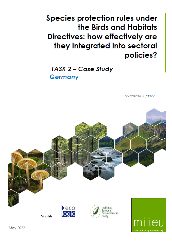 Cover of the case study on Germany "Species protection rules under the Birds and Habitats Directives: how effectively are they integrated into sectoral policies?"