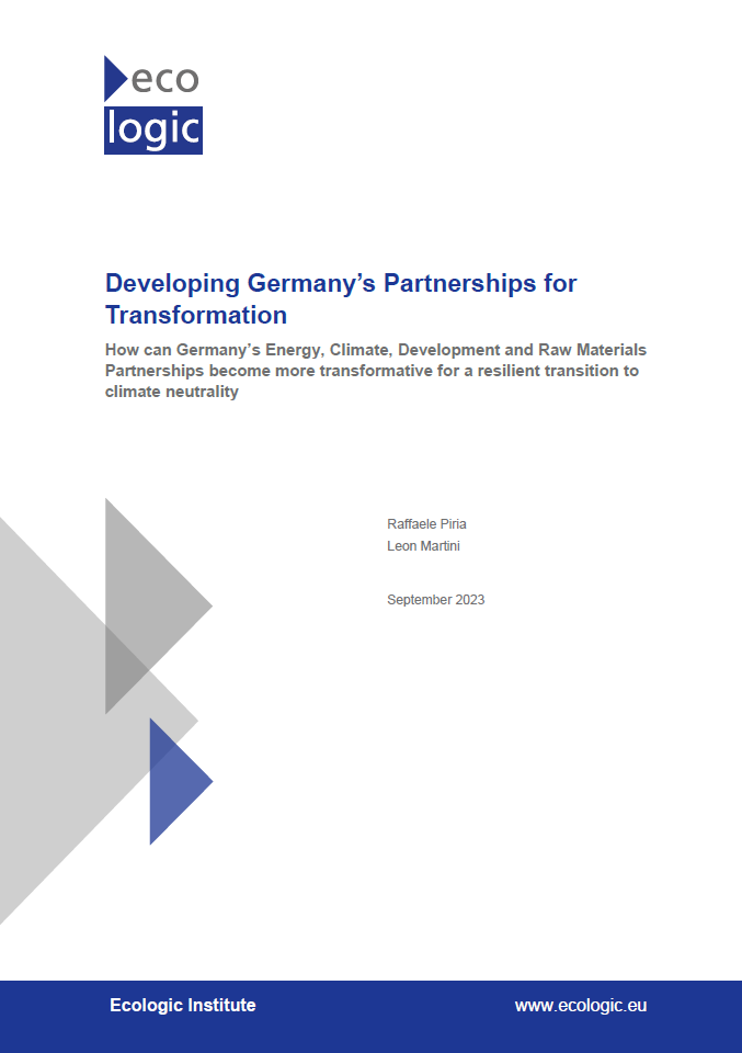 Cover of the Ecologic report "Developing Germany’s Partnerships for Transformation. How can Germany’s Energy, Climate, Development and Raw Materials Partnerships become more transformative for a resilient transition to climate neutrality"