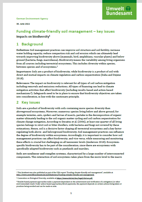 1st page of the fact sheet "Funding climate-friendly soil management – key issues. Impacts on biodiversity"