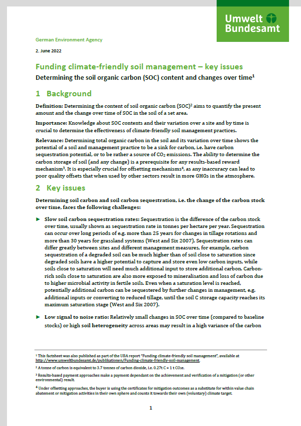 1st page of the fact sheet "Funding climate-friendly soil management – key issues Determining the soil organic carbon (SOC) content and changes over time"