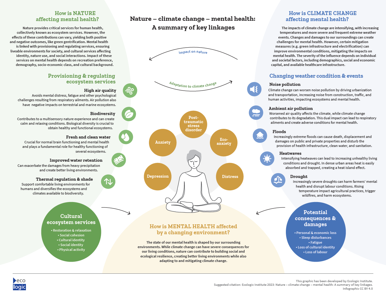 The infographic summarizes the results of the report "The nature – climate change – mental health nexus: A literature review."
