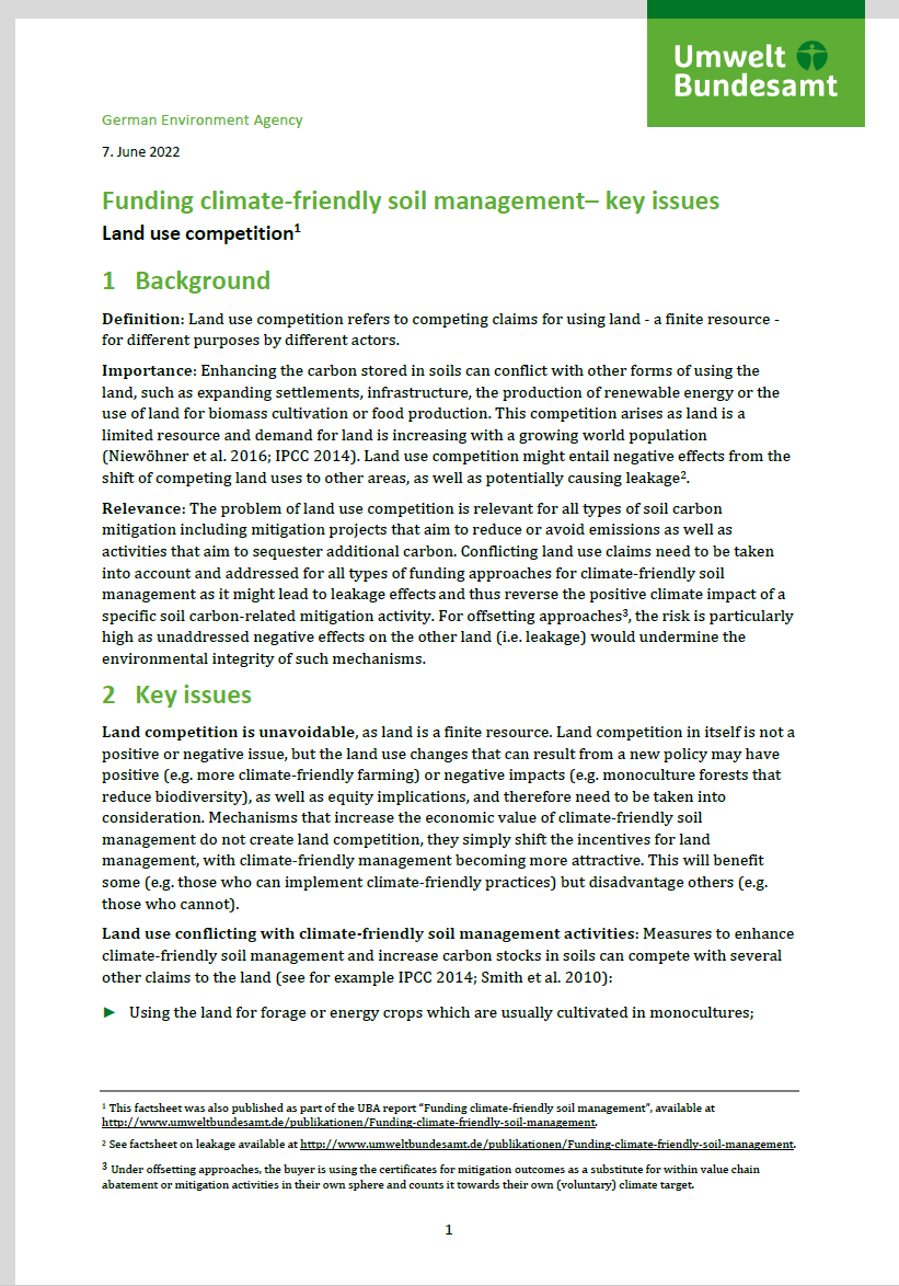 Cover of the fact sheet "Funding climate-friendly soil management– key issues. Land use competition"