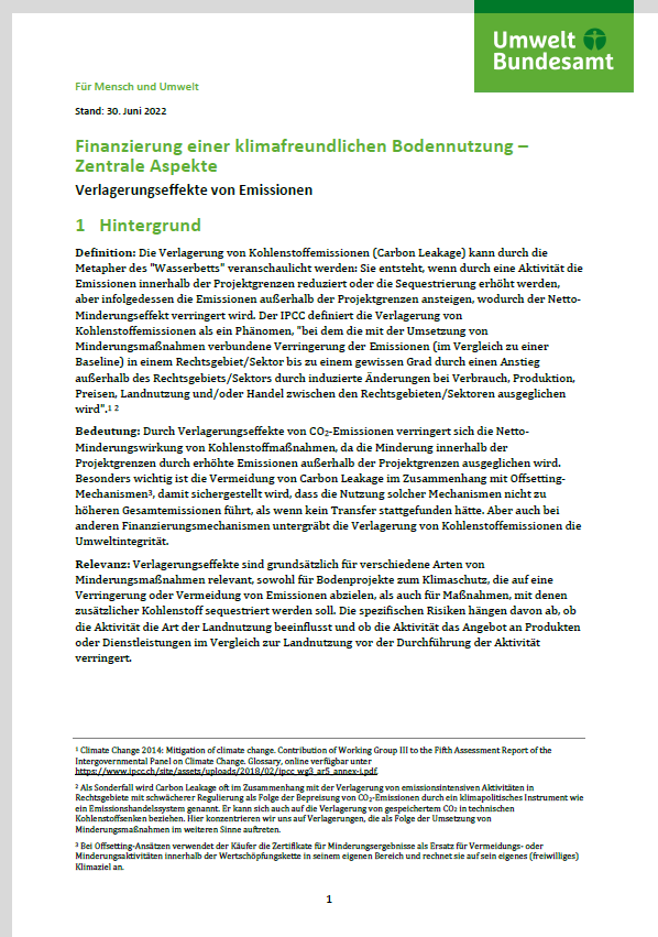 1. Seite des Factsheets "Finanzierung einer klimafreundlichen Bodennutzung – Zentrale Aspekte. Verlagerungseffekte von Emissionen"