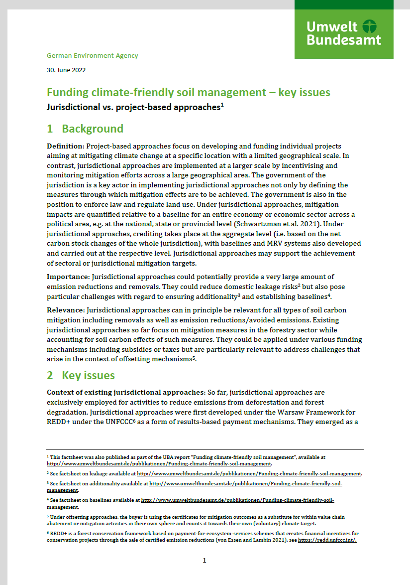 1st page of the fact sheet "Funding climate-friendly soil management – key issues. Jurisdictional vs. project-based approaches"