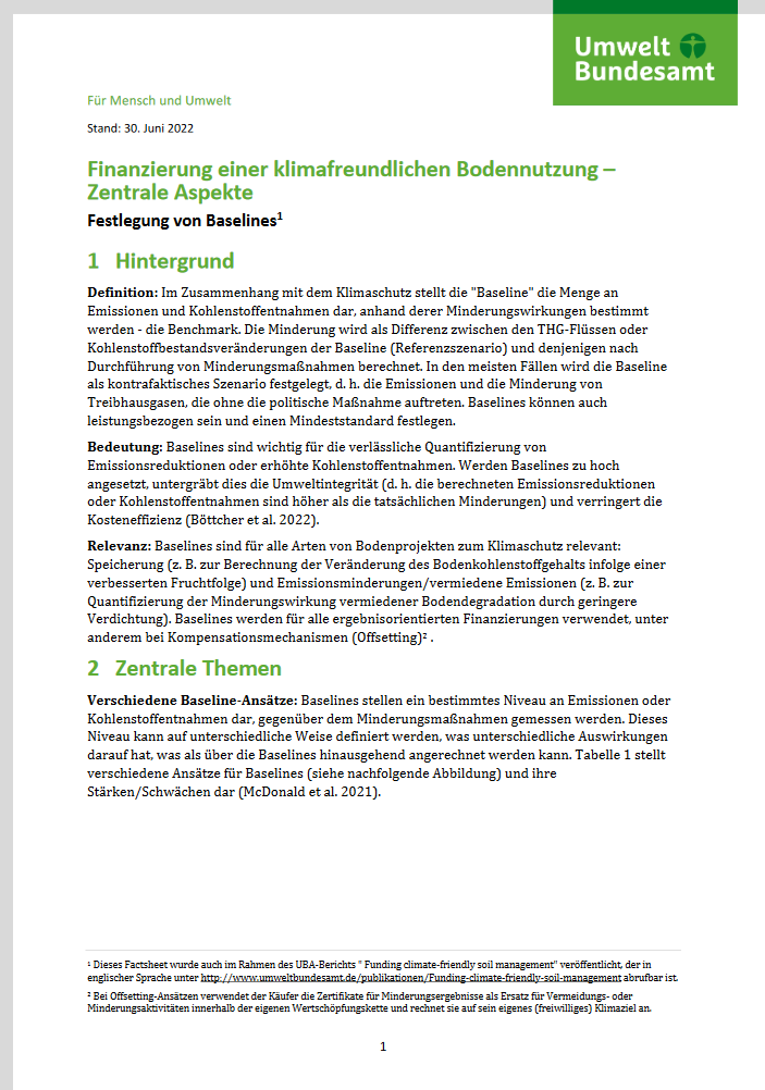 1. Seite des Datenblatts "Finanzierung einer klimafreundlichen Bodennutzung – Zentrale Aspekte. Festlegung von Baselines"
