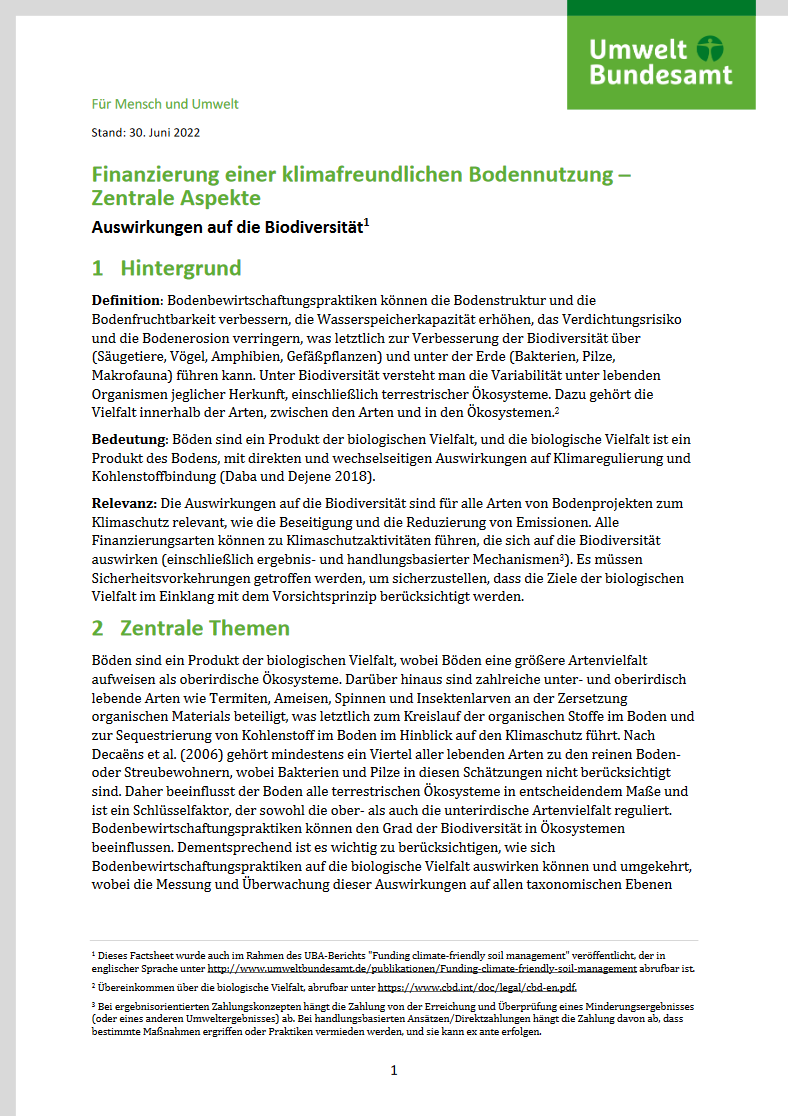 1. Seite des Datenblatts "Finanzierung einer klimafreundlichen Bodennutzung – Zentrale Aspekte. Auswirkungen auf die Biodiversität"