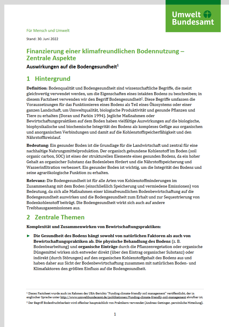 !: sEITE DES fACTSHEETS 2Finanzierung einer klimafreundlichen Bodennutzung – Zentrale Aspekte: Auswirkungen auf die BodengesundheiT2