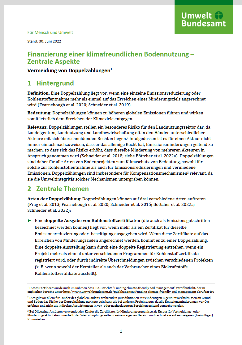 1. Seite des Factsheets "Finanzierung einer klimafreundlichen Bodennutzung – Zentrale Aspekte. Vermeidung von Doppelzählungen"