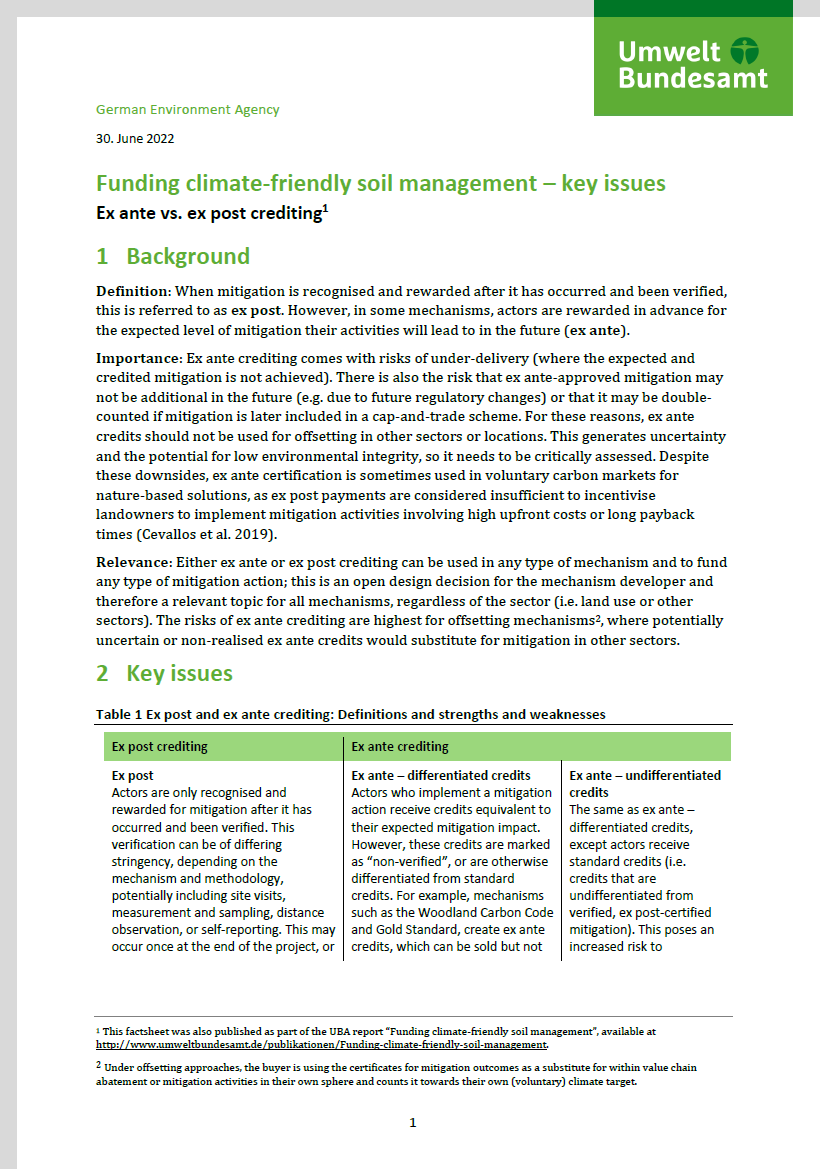 1st page of the facht sheet "Funding climate-friendly soil management – key issues. Ex ante vs. ex post crediting 1"