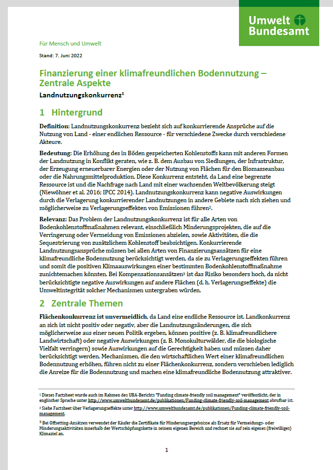 1. Seite des Factsheets "Finanzierung einer klimafreundlichen Bodennutzung – Zentrale Aspekte. Landnutzungskonkurrenz"