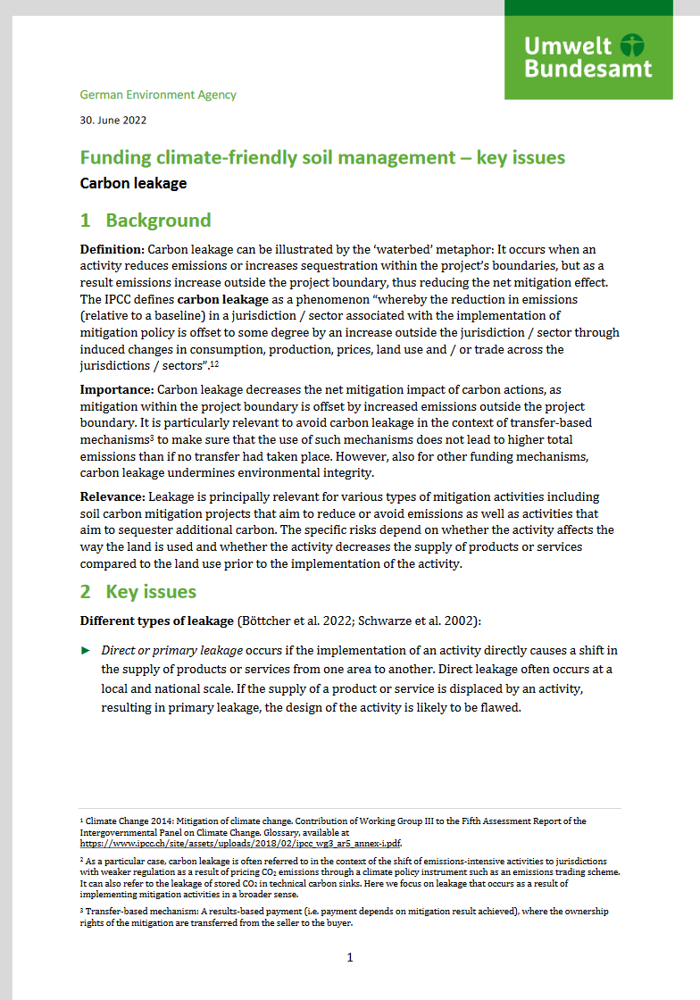 1st page of the UBA fact sheet "Funding climate-friendly soil management – key issues Carbon leakage"