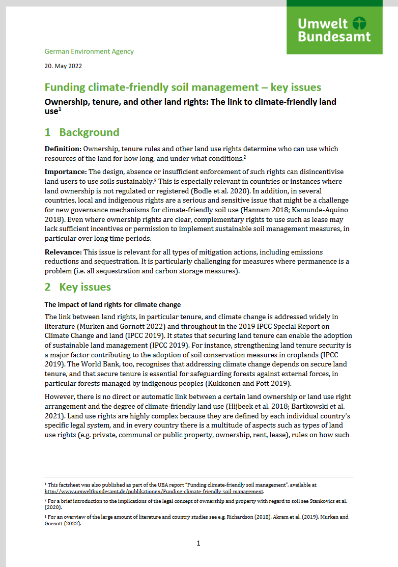 1st page of the UBA factsheet "Funding climate-friendly soil management – key issues Ownership, tenure, and other land rights: The link to climate-friendly land use"