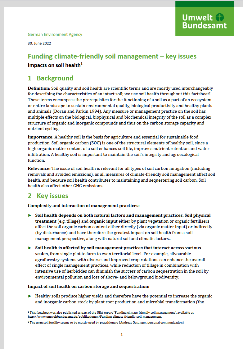 1st page of the fact sheet "Funding climate-friendly soil management – key issues Impacts on soil health"