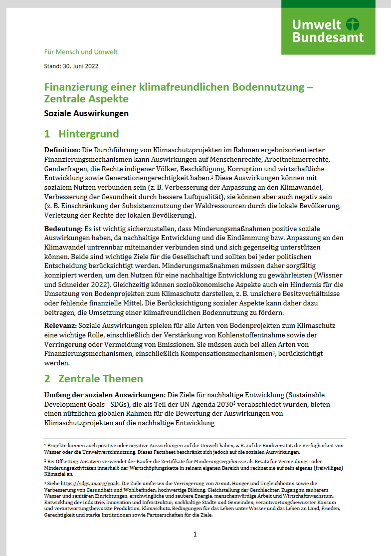 1. Seite des Factsheets "Finanzierung einer klimafreundlichen Bodennutzung – Zentrale Aspekte. Soziale Auswirkungen"