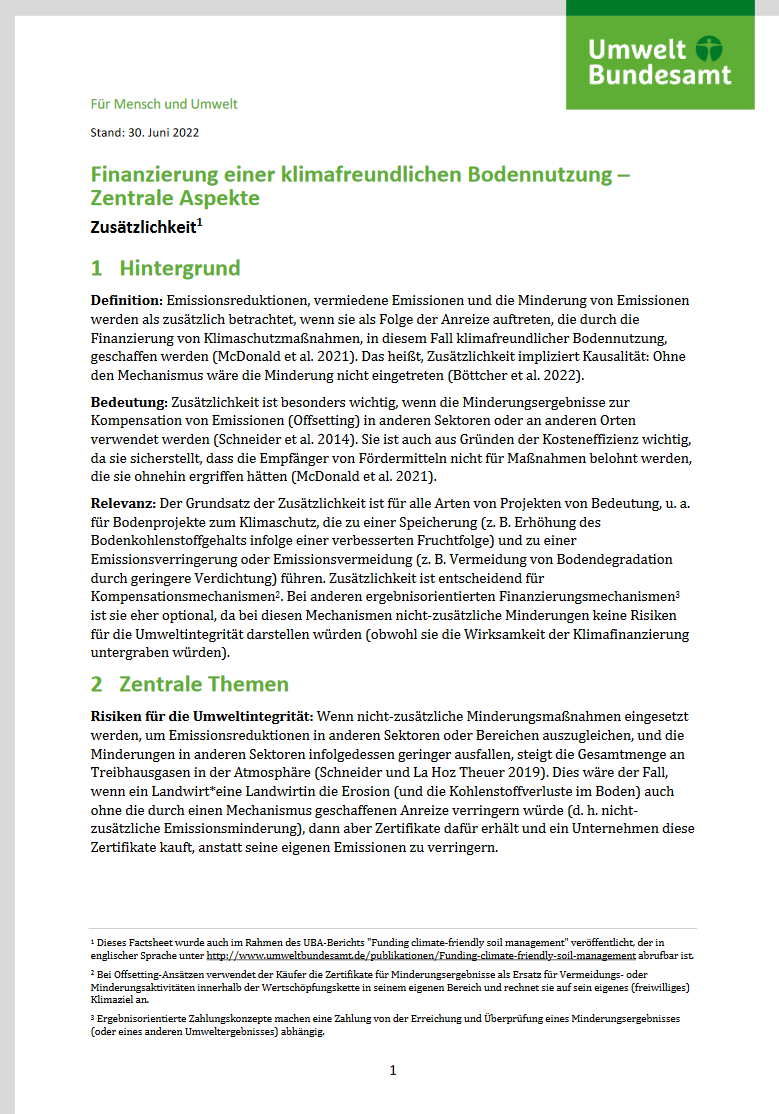 1. Seite des Datenblatts "Finanzierung einer klimafreundlichen Bodennutzung – Zentrale Aspekte. Zusätzlichkeit."