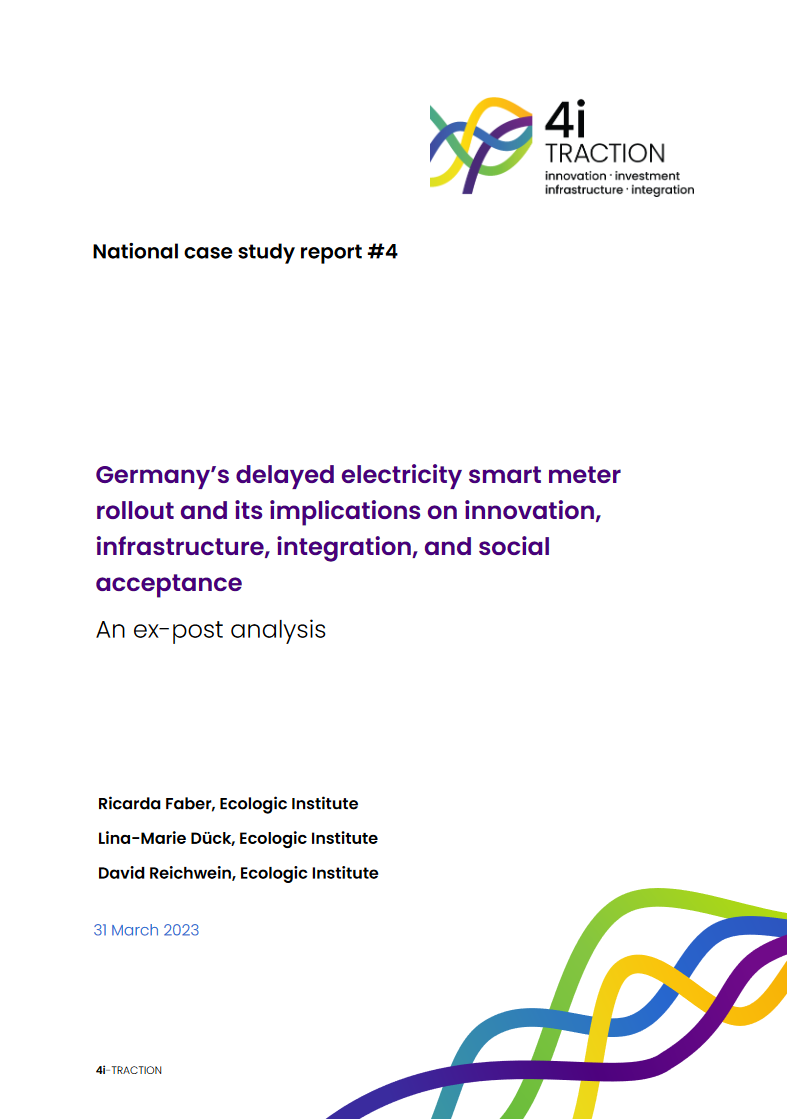 Cover of the report titled 'National case study report #4'. At the top, a modern logo consisting of intertwined loops in multiple colors, representing the brand '4i TRACTION', which stands for innovation, investment, infrastructure, and integration. Below the logo, in a clear, bold font, introduce the main title 'Germany’s delayed electricity smart meter rollout and its implications on innovation, infrastructure, integration, and social acceptance'. Add a subtitle 'An ex-post analysis' in a smaller font.