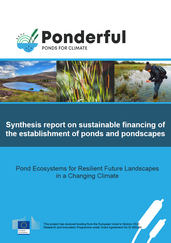 Report cover titled 'Ponderful - PONDS FOR CLIMATE'. The cover feature a top header with a logo that combines elements of water, plants, and climate symbolism. Below the logo, add three high-quality photos representing pond ecosystems: one of a scenic pond landscape, another of plants close-up, and the third of a researcher examining a pond. The main title 'Synthesis report on sustainable financing of the establishment of ponds and pondscapes', the subtitle 'Pond Ecosystems for Resilient Future Landscapes