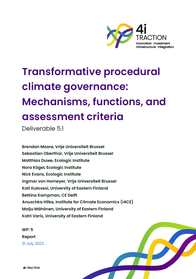 Cover of the report titled 'Transformative procedural climate governance: Mechanisms, functions, and assessment criteria'. At the top, a modern logo consisting of intertwined loops in multiple colors, representing the brand '4i TRACTION', which stands for innovation, investment, infrastructure, and integration. At the bottom, the authors' names and the 4i TRACTION brand element at the bottom, subtly repeating the logo's color scheme.