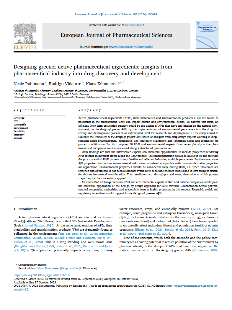 Image of the front page of the academic journal article titled 'Designing greener active pharmaceutical ingredients: Insights from pharmaceutical industry into drug discovery and development.' Image includes elements like a header with the journal name 'European Journal of Pharmaceutical Sciences,' the Elsevier logo, and a URL link to the journal's homepage. The article lists the authors and feature an abstract section with a summary of the content, including keywords such as API, Sustainable Environment...