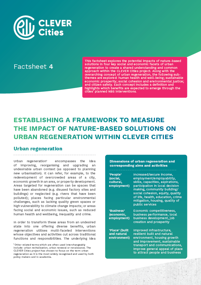 1st page of the 4th CLEVER Cities fact sheet "Establishing a framework to measure the impact of nature-based solutions on urban regeneration within CLEVER Cities."