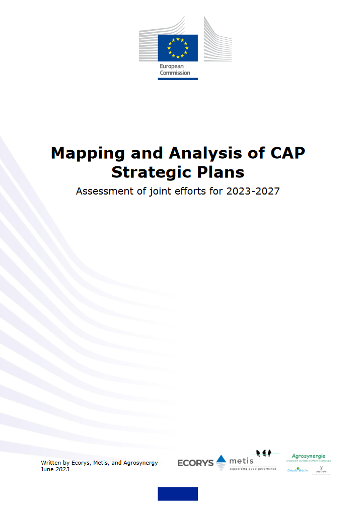 Cover of the report for the European Union "Mapping and Analysis of CAP Strategic Plans. Assessment of joint efforts for 2023-2027.