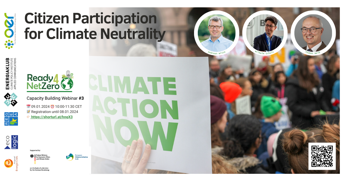 Social media event card with the webinar's titel "Citizen Participation for Climate Neutrality", the project name " Ready4NetZero" and the logos of the involved institutions.