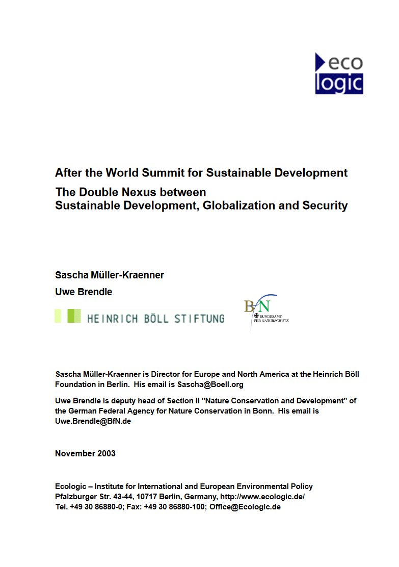 Cover of the policy brief "After the World Summit for Sustainable Development The Double Nexus between Sustainable Development, Globalization and Security"
