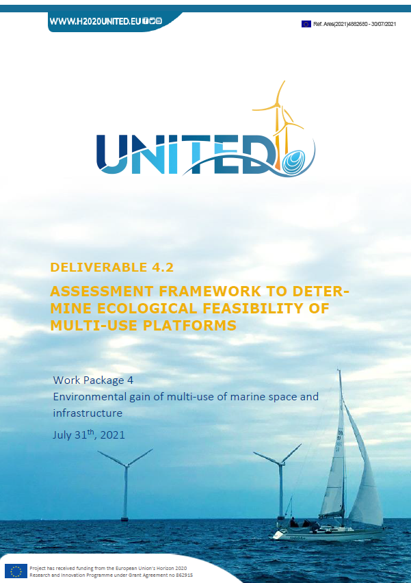 Cover page of a document titled 'Deliverable 4.2: Assessment Framework to Determine Ecological Feasibility of Multi-Use Platforms' dated July 31st, 2021.