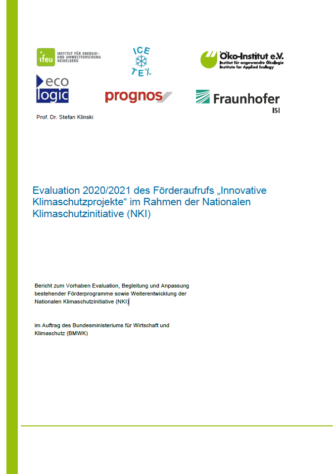 Cover of a report titled 'Evaluation 2020/2021 of the Innovative Climate Protection Projects under the National Climate Initiative (NKI)', commissioned by the German Federal Ministry for Economic Affairs and Climate Action. Featuring logos from associated research institutes like IFEU, ICE, Öko-Institut, Ecologic, Prognos, and Fraunhofer ISI, with 'Prof. Dr. Stefan Klinski' noted as the author.