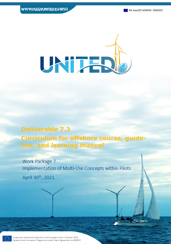 Cover of the 'Deliverable 7.3: Curriculum for offshore course, guideline, and learning manual' dated April 30th, 2021.