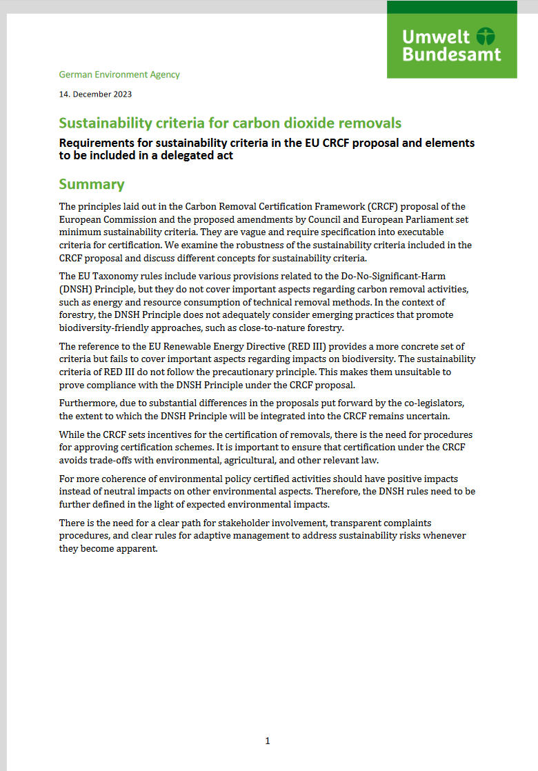 1st page of the UBA fact sheet "Sustainability criteria for carbon dioxide removals. Requirements for sustainability criteria in the EU CRCF proposal and elements to be included in a delegated act" with date, logo and summary.