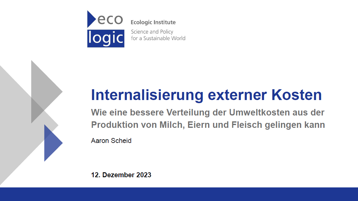 Title slide of a presentation with the logo of the Ecologic Institute at the top left corner, stating 'Science and Policy for a Sustainable World'. The title reads 'Internalisierung externer Kosten: Wie eine bessere Verteilung der Umweltkosten aus der Produktion von Milch, Eiern und Fleisch gelingen kann' by Aaron Scheid, dated 12. Dezember 2023. The slide has a minimalist design with geometric shapes in shades of grey and blue on the left side.