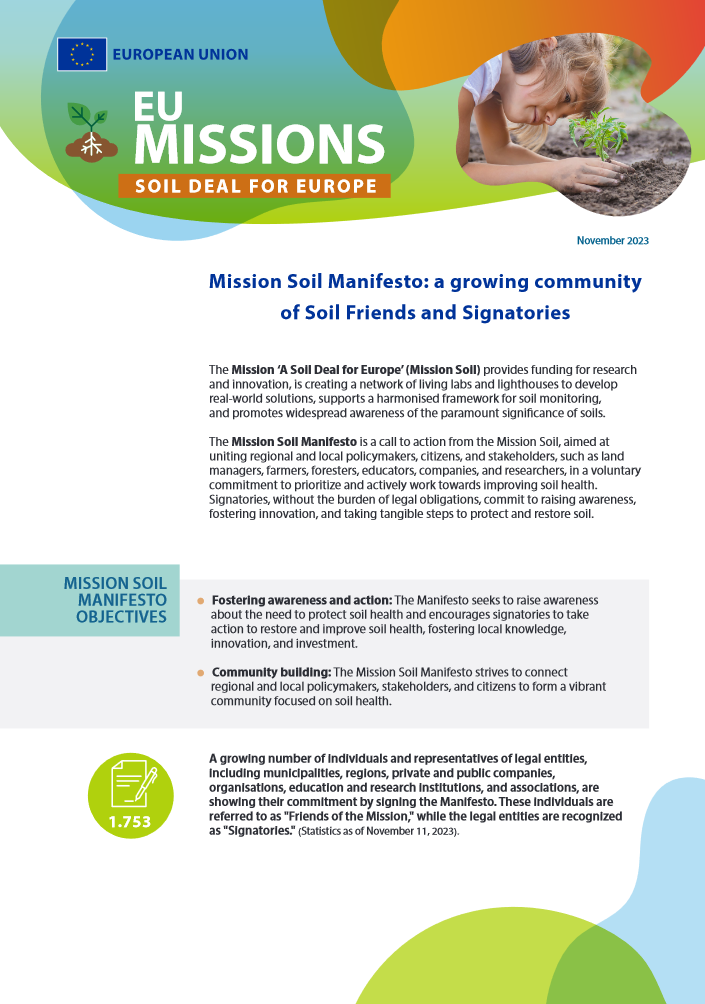 Informative flyer for the European Union's 'EU Missions Soil Deal for Europe' with a publication date of November 2023. The top features the EU flag and the title 'EU Missions', with a circular graphic representing soil and plant growth. The main header reads 'Mission Soil Manifesto: a growing community of Soil Friends and Signatories'. Below, the flyer provides a summary of the 'Mission Soil' initiative, highlighting its objectives like fostering awareness and action, community building.