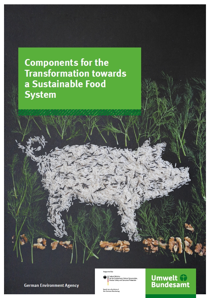 Image of a pig silhouette made out of rice grains on a dark background, surrounded by dill herbs and walnut pieces scattered at the bottom. Include a green banner at the top with the text 'Bausteine für die Transformation zu einem nachhaltigen Ernährungssystem' in bold white font, and a smaller green banner at the bottom with the text 'Für Mensch & Umwelt' alongside the logo of 'Umweltbundesamt' on the right side.