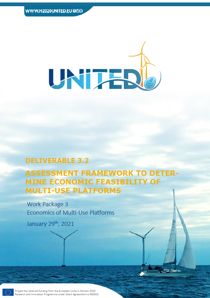 Cover of the UNITED project report Deliverable 3.2 Assessment Framework to Determine the Economic Feasibility of Multi-use Platforms dated 29 January 2021