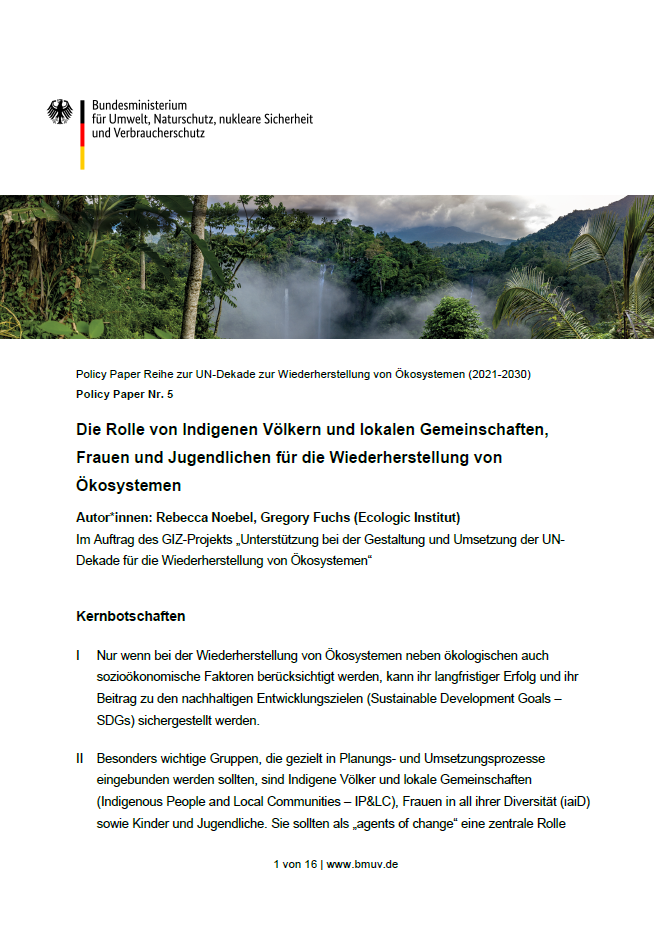 Cover page of Policy Paper No. 5 from a series on the UN Decade for Ecosystem Restoration (2021-2030), titled 'The Role of Indigenous Peoples and Local Communities, Women and Youth in Ecosystem Restoration.' It features the logo of the German Federal Ministry for the Environment, Nature Conservation, Nuclear Safety, and Consumer Protection at the top. Below, there’s an image of a misty rainforest. The authors listed are Rebecca Noebel and Gregory Fuchs from the Ecologic Institute.